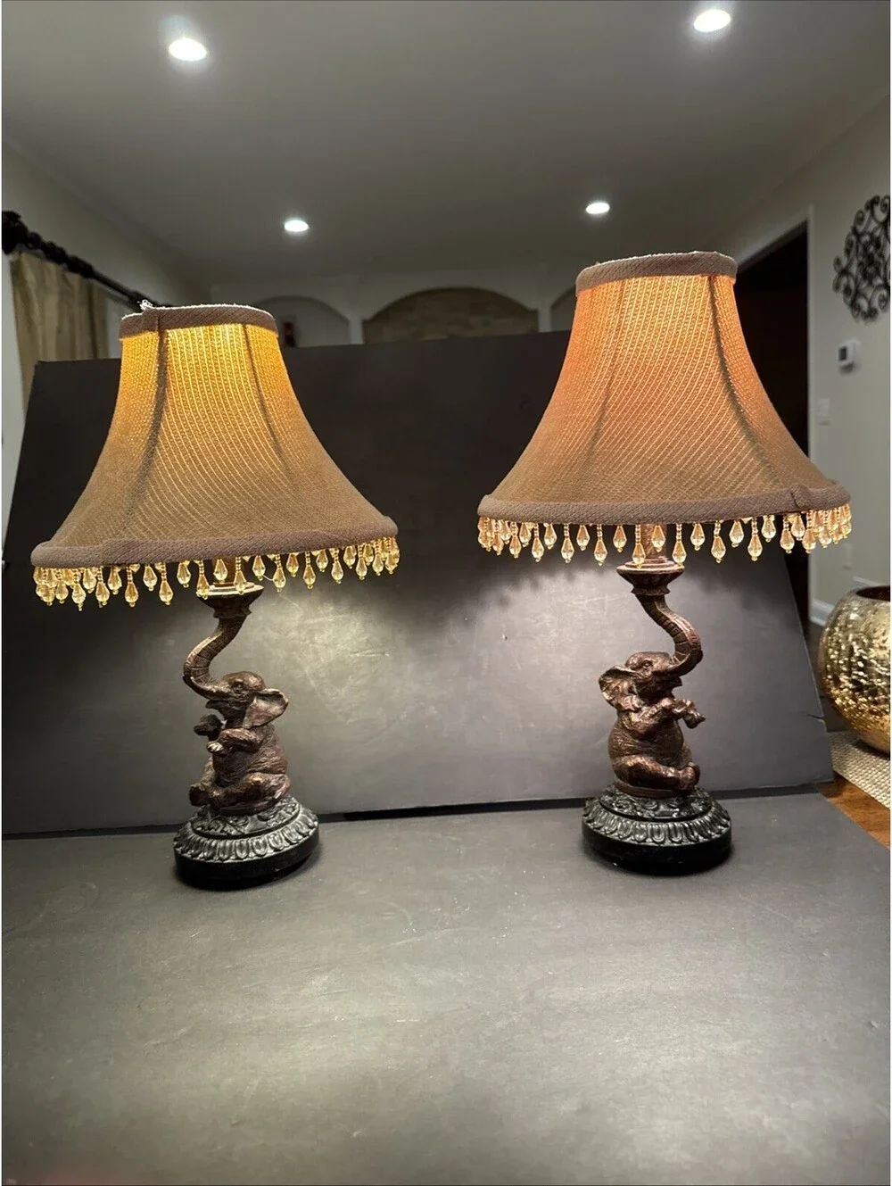 Pair of Elephant Table Lamps with Beaded Chenille Bell Shades Good Luck 17”